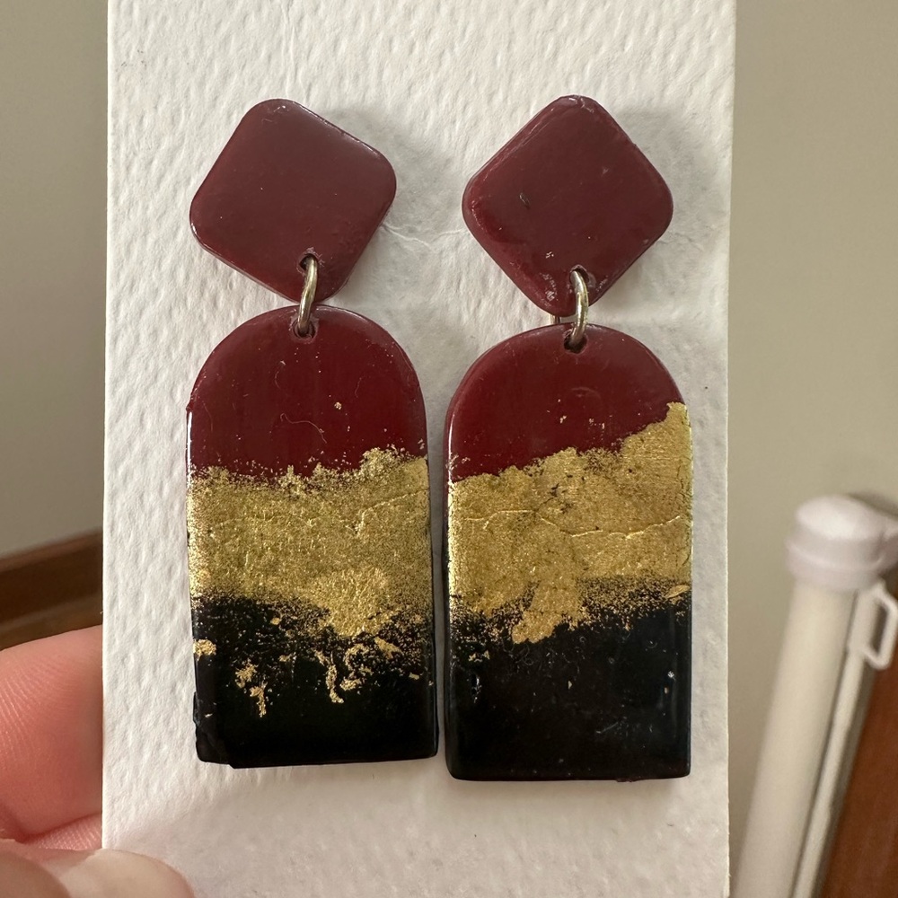 Gold Black and Garnet / Maroon Dangle Earrings